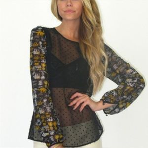 Black and Gold Sheer Polka Dot Women's Top